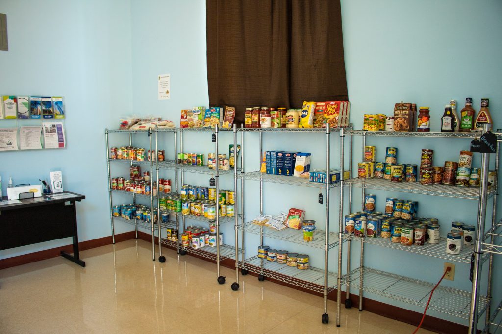 Picture of food on shelves in the Food Pantry