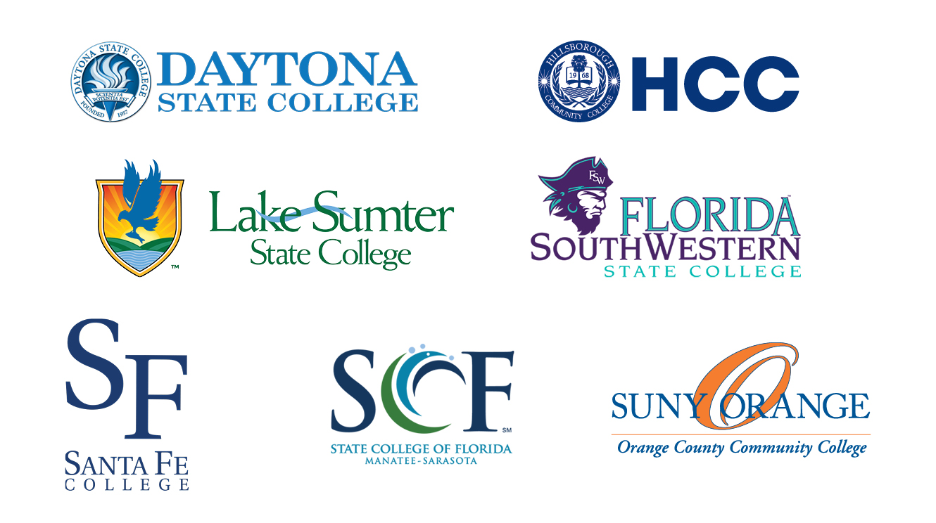 Logos of Daytona State College, Hillsborough Community College, Lake Sumter State College, Florida Southwestern State College, Santa Fe College, State College of Florida Manatee-Sarasota, and SUNY Orange County Community College