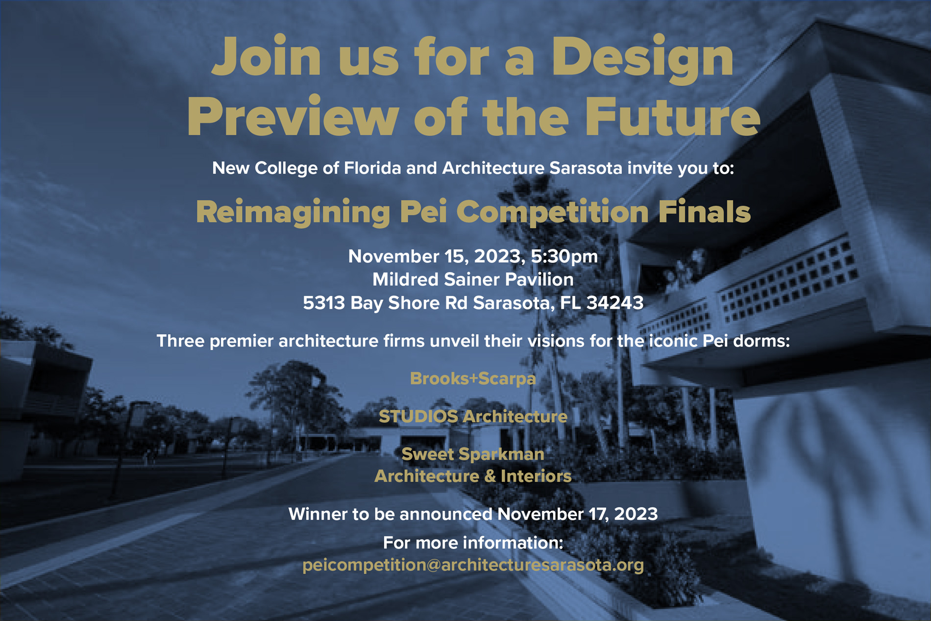 Invitation for the Reimagining Pei Competition Finals November 15th, 2023, 5:30pm Mildred Sainer Pavilion