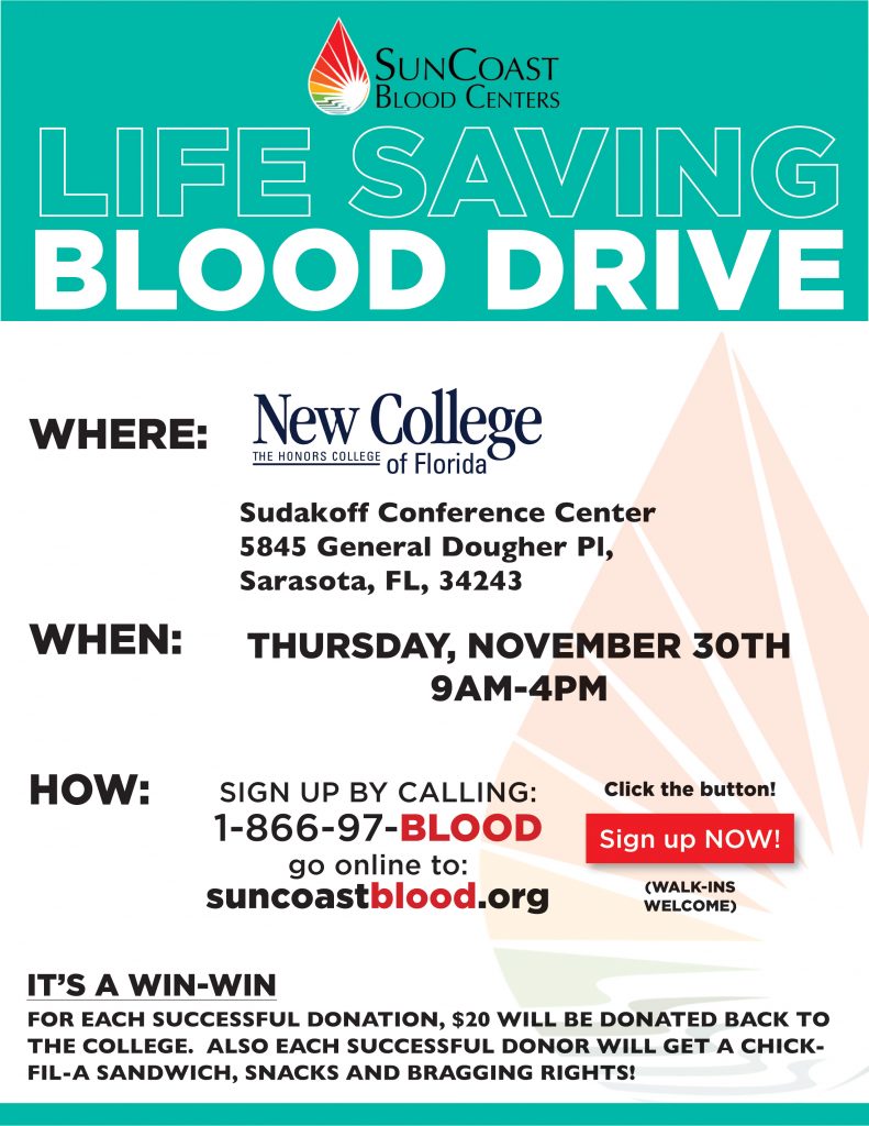 Blood Drive Flyer for the November 30 Blood Drive at Sudakoff 