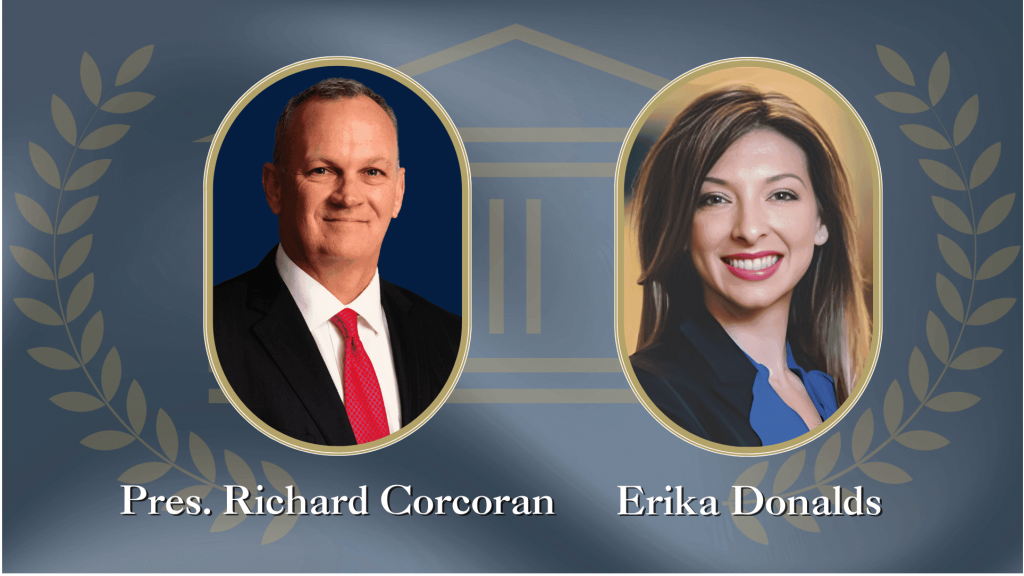 Headshots of Pres. Richard Corcoran, Erika Donalds